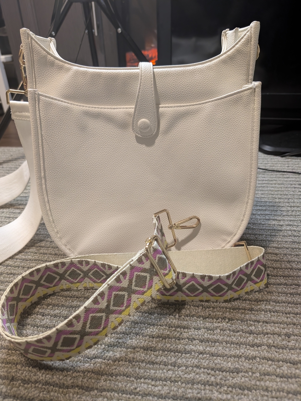 White Women’s Crossbody Bag with Detachable Patterned Strap